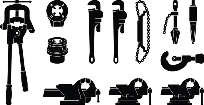 Professional plumbing and pipe fitting industrial tools icons set with black mechanical silhouettes isolated on white background