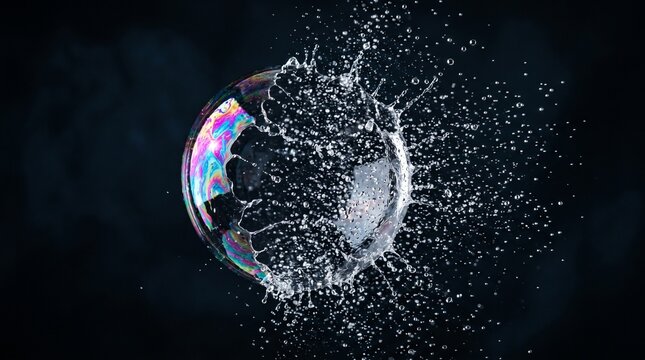 Iridescent soap bubble bursting into a vibrant splash of water droplets captured in high speed against a dark black background