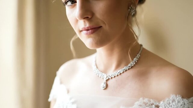 Elegant bride showcasing stunning diamond necklace and earrings ensemble with intricate lace dress for wedding celebration