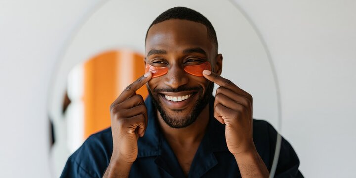 Smiling man applying under eye patches skincare routine for wellness banner and self care background for beauty advertising and grooming campaign