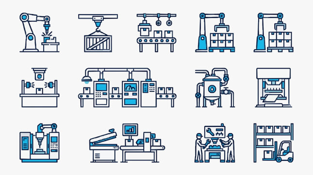 Corporate Set of Modern Industrial and Manufacturing Equipment with Blue and White Color Scheme