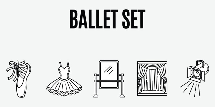 Ballet set with pointe shoe tutu mirror curtains and spotlight in simple vector silhouette style