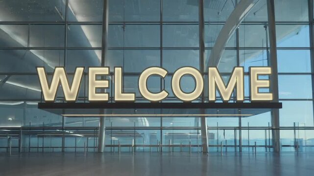 "Welcome" sign at the airport.