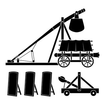 Medieval siege weaponry and defensive equipment collection silhouette graphics