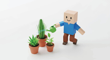 Obraz premium Lego style character watering small potted plants in a playful garden scene.