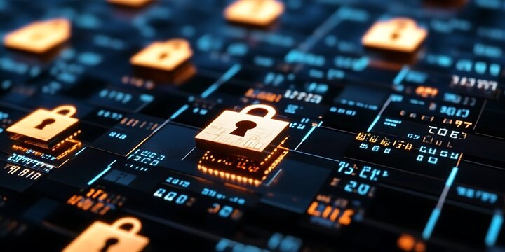 Digital security concept with glowing padlocks on a circuit board background.