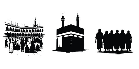 Fototapeta premium Islamic pilgrimage silhouettes in Kaaba and crowds during religious journey with clean space vector style