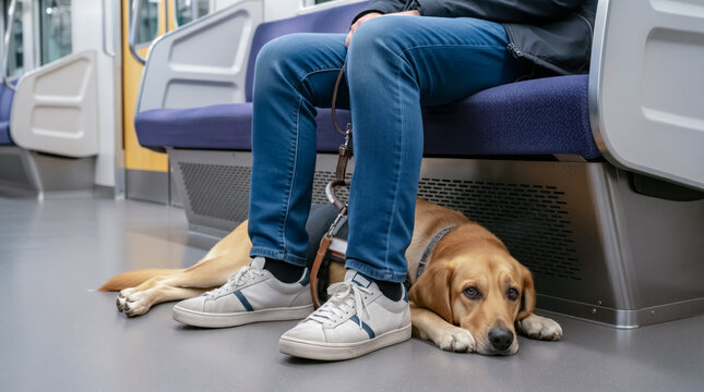盲導犬が電車の車内で乗客の足元に横たわり待機する様子
