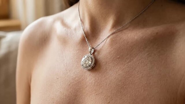 Close-up of a woman's collarbone featuring a sparkling diamond pendant necklace in an intimate indoor setting