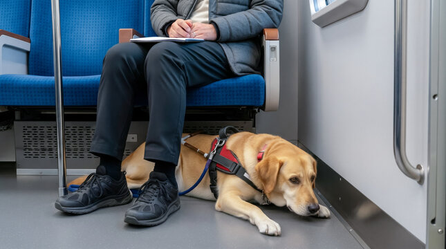 盲導犬が電車の車内で乗客の足元に横たわり待機する様子