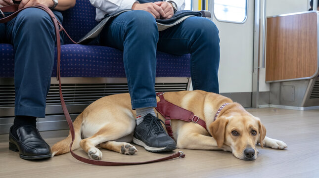 盲導犬が電車の車内で乗客の足元に横たわり待機する様子