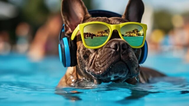 French bulldog wearing yellow sunglasses and headphones in a swimming pool