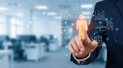 Fototapeta premium Corporate professional tapping a holographic interface featuring document and communication icons in a blurred office background.