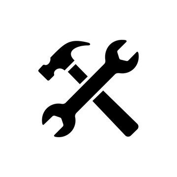 Minimalist black silhouette hammer wrench crossed tools icon design for repair maintenance construction engineering technical support service vector illustration