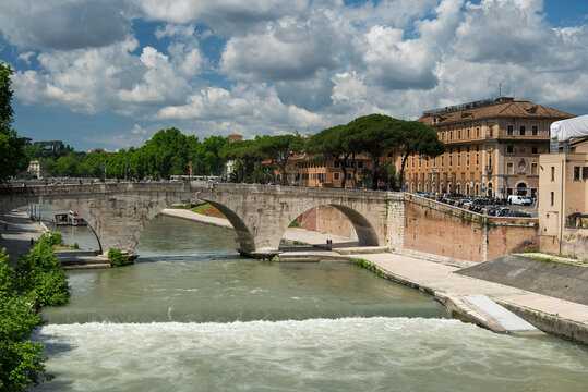 The landmark stone garibaldi bridge over the River tiber in Rome italy