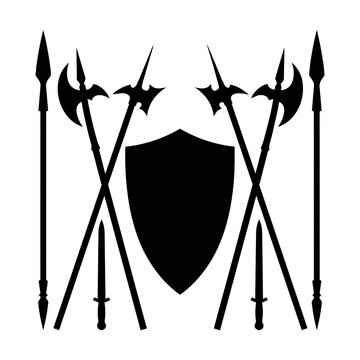 Black silhouette of medieval shield halberds spears swords for ancient warfare
