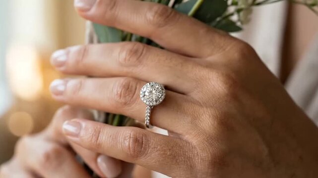 Close-up of a hand with a sparkling diamond engagement ring on finger holding a flower bouquet in soft natural light