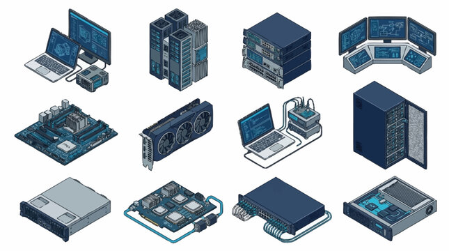 Isometric collection of modern computer hardware devices.