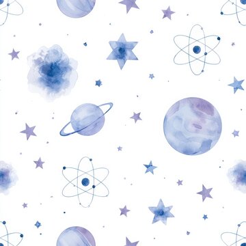 A seamless design shows scattered atoms, stars, and planets in light blue and violet watercolor on a white background.