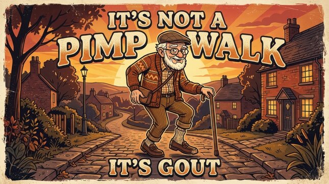 Humorous illustration of an elderly man with a cane walking down a cobblestone street with the text its not a pimp walk its gout