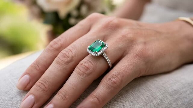 Close-up of a hand wearing an elegant emerald and diamond ring capturing fine jewelry details