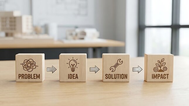 Wooden blocks show problem solving process from issue to impact