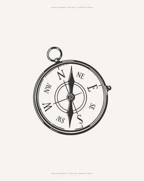 Vintage hand-drawn illustration of compass with cardinal directions on white background. Black and white engraving style drawing. Navigation and travel tool. Design for poster, print, label, template.