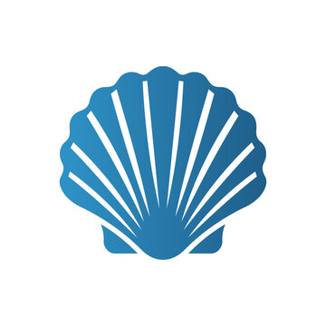 Minimalist blue scallop shell icon design, marine sea symbol, ocean inspired vector illustration, coastal logo, beach emblem art