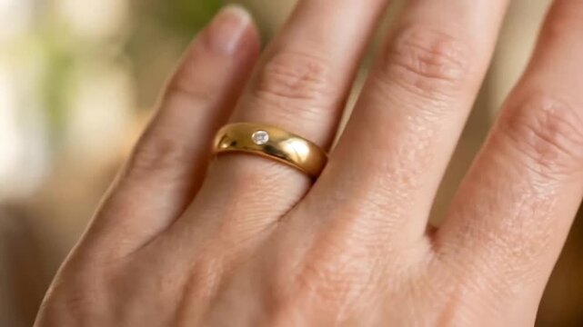 Close-up of a hand adorned with a gold ring featuring a gemstone, capturing intricate details in a series of frames emphasizing