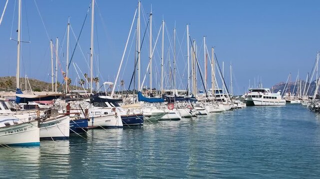 Port de Pollenca Mallorca. 01.06.2026. Video. A vast marina showcases numerous sailboats and yachts docked in calm blue waters under a bright, cloudless sky