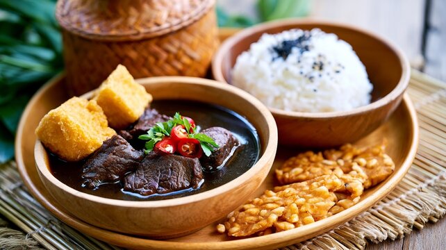 Traditional Indonesian Rawon Set with Rice, Empal, Fried Tofu and Tempe &ndash; High Quality Culinary Meal