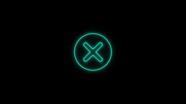 Abstract neon glowing cross sign icon concept animation. cross mark icon with symbolizing error, cancel, wrong, or close actions.4k