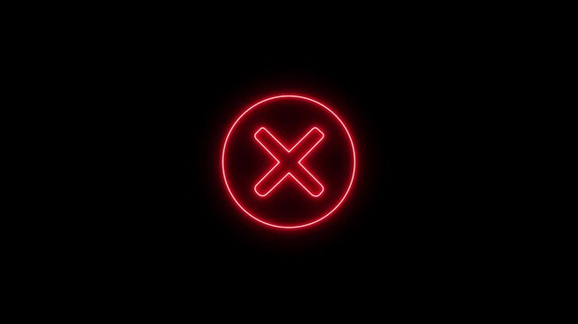 Abstract neon glowing cross sign icon concept animation. cross mark icon with symbolizing error, cancel, wrong, or close actions.4k