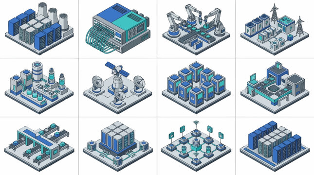 Isometric industrial factory complex with machinery and workers.