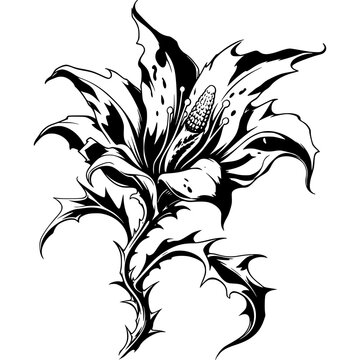 Tribal Lily Tattoo Design: A stylized black and white lily with sharp, thorny stems, presented as a dramatic graphic art piece, perfect for tattoo inspiration or decorative use.