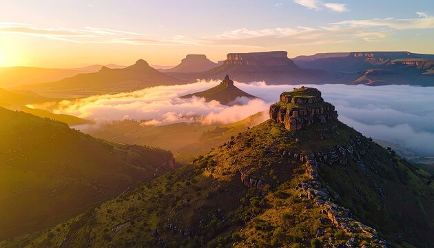 Misty Mountain Sunrise with Golden Light