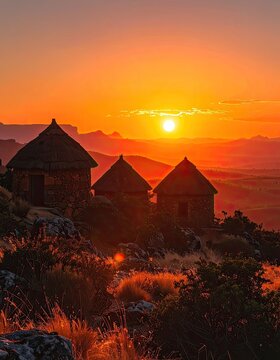 African huts bask in the warm glow of a vibrant sunset over a hilly landscape.