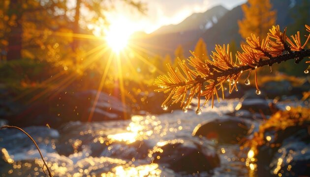 Golden hour sunbeams illuminate a branch with dew drops over a flowing stream.