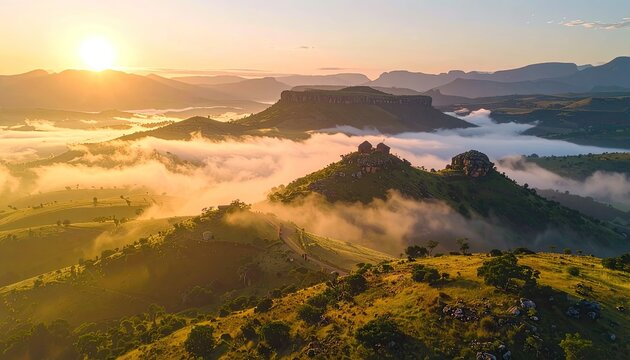 Golden sunrise illuminates misty mountains with traditional huts on a peak.