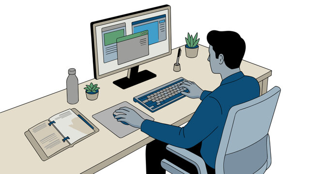 High angle view of man using left hand on computer mouse and right hand on keyboard at modern desk with monitor and binder planner corporate office workspace concept