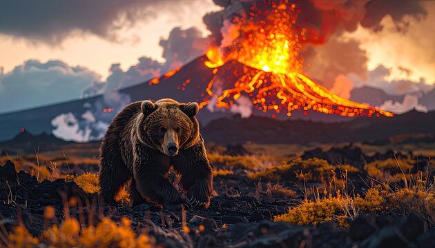A bear walks through a volcanic landscape with lava flowing.