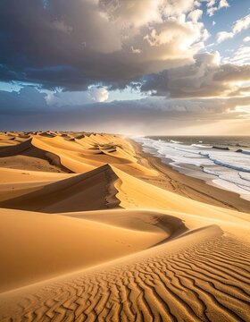 Golden sand dunes meet the ocean waves under a dramatic sky.