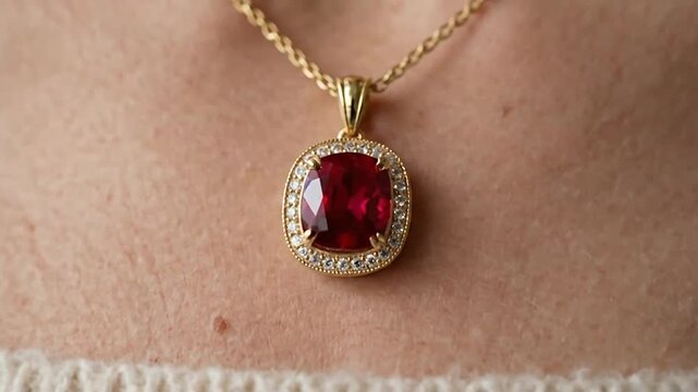 Elegant gold necklace with a striking ruby pendant surrounded by sparkling diamonds showcasing refined jewelry artistry