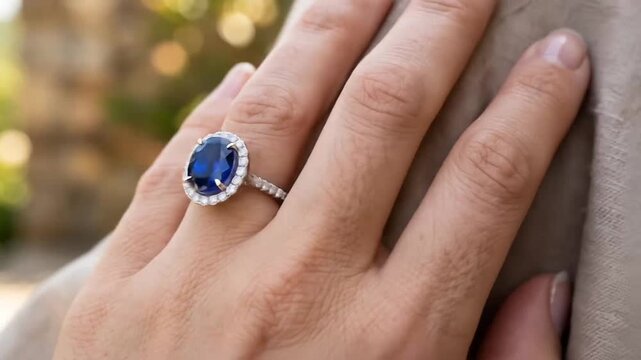 Close-up of elegant hand adorned with a stunning blue sapphire and diamond ring showcased in various angles