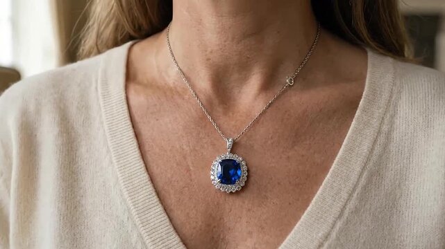 Elegant silver necklace featuring a deep blue gemstone surrounded by sparkling diamonds for sophisticated jewelry display