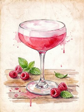 A watercolor illustration of a Clover Club cocktail in a vintage coupe glass, featuring a bright pink raspberry and gin mix with a velvety foam top, with scattered fresh raspberries and mint leaves on