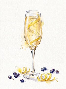 A watercolor illustration of a French 75 cocktail in a champagne flute, featuring a sparkling gin and champagne mixture with a long, elegant lemon spiral inside, with scattered juniper berries and lem