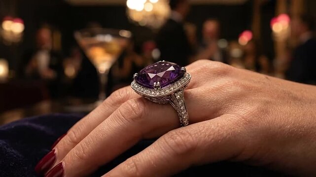 Elegant hand with purple gemstone diamond ring showcasing luxury jewelry in upscale setting