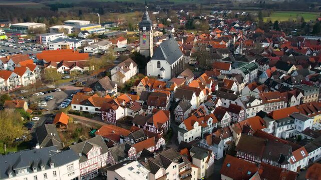 Aerial view beside the old town above the city Lich in Germany, on a sunny afternoon in autumn.