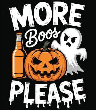 Halloween ghost, carved pumpkin jack-o&rsquo;-lantern, beer bottle, spooky dripping text, funny festive pun design, humorous seasonal artwork, flat vector illustration